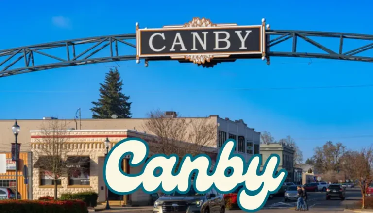 Scenic aerial view of Canby, Oregon’s town center and surrounding trees.