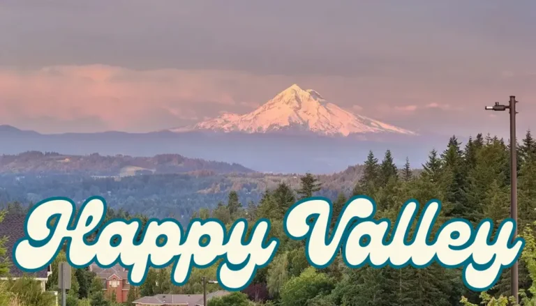 Suburban landscape of Happy Valley with hills and Mt Hood in background.